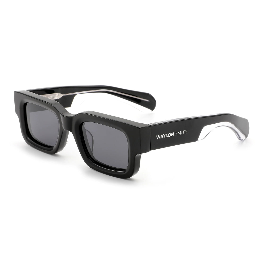 Three-quarter angle view of black Waylon Smith sunglasses on a white background