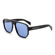 Three-quarter angle view of black Waylon Smith sunglasses with blue lenses on a white background, showing the Waylon Smith wordmark on the temple