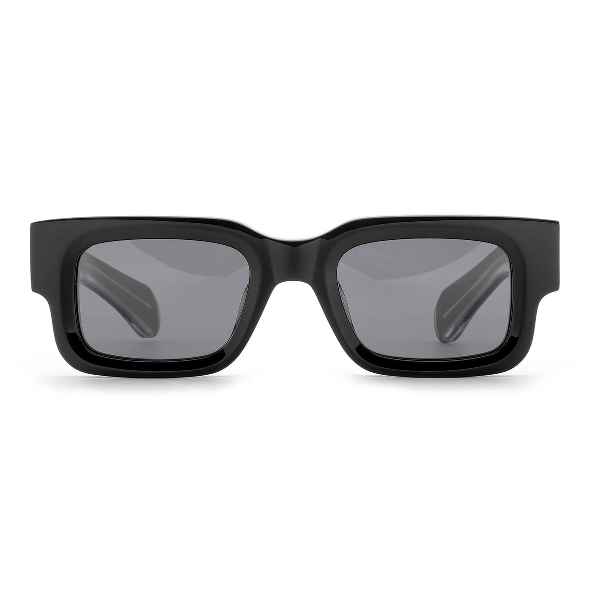 Front view of black Waylon Smith sunglasses with dark lenses on a white background