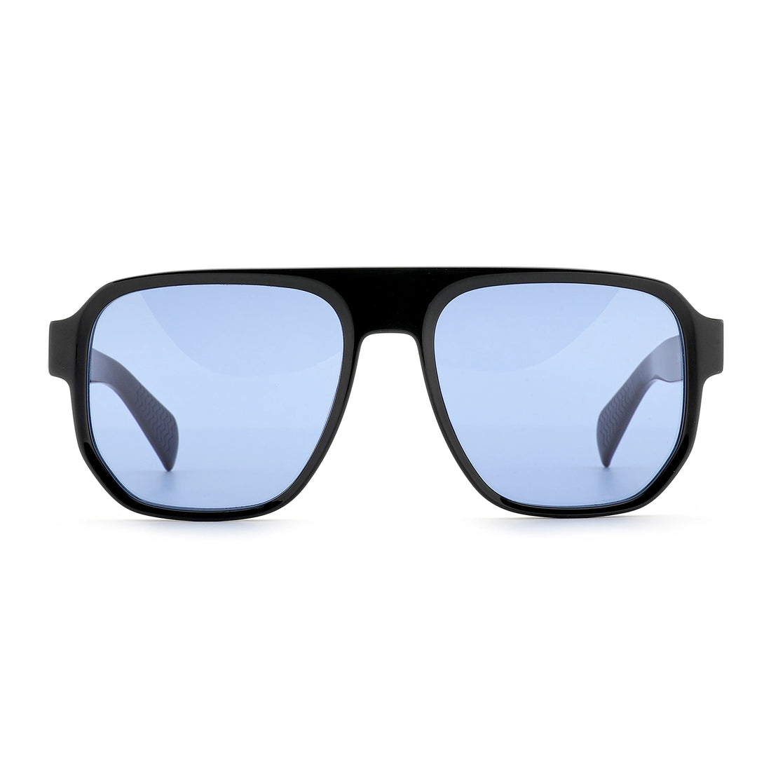Three-quarter angle view of black Waylon Smith sunglasses with blue lenses on a white background, showing the Waylon Smith wordmark on the temple