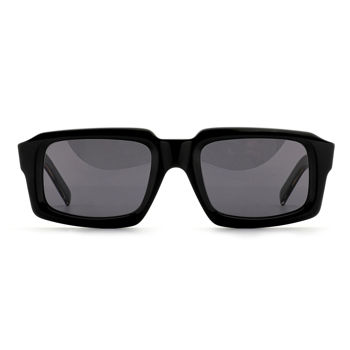 Front view of black Waylon Smith sunglasses with dark lenses on a white background