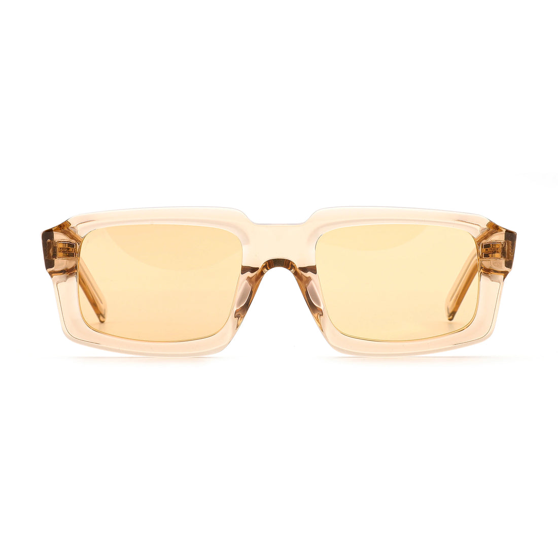 Side view of Waylon Smith Syndicate sunglasses in Translucent Amber, transparent honey-colored acetate frame, showing the Waylon Smith wordmark on the temple