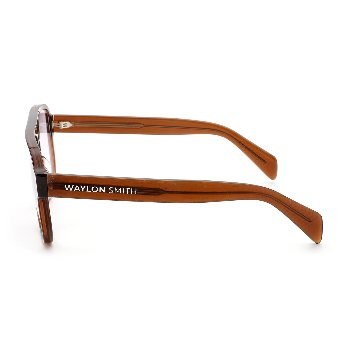 Side view close-up of Waylon Smith sunglasses in tortoiseshell on a white background, showing the Waylon Smith wordmark on the temple