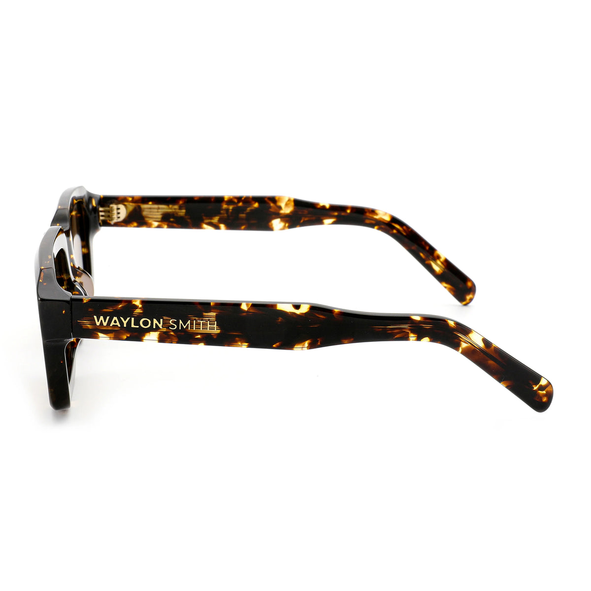 Side view close-up of Waylon Smith Syndicate sunglasses in Classic Tortoise on a white background, showing the Waylon Smith wordmark on the temple