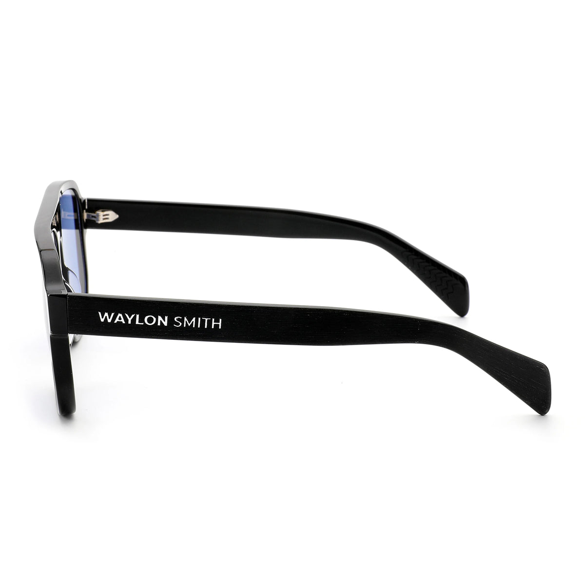 Side view close-up of black Waylon Smith sunglasses with blue lenses on a white background, showing the Waylon Smith wordmark on the temple