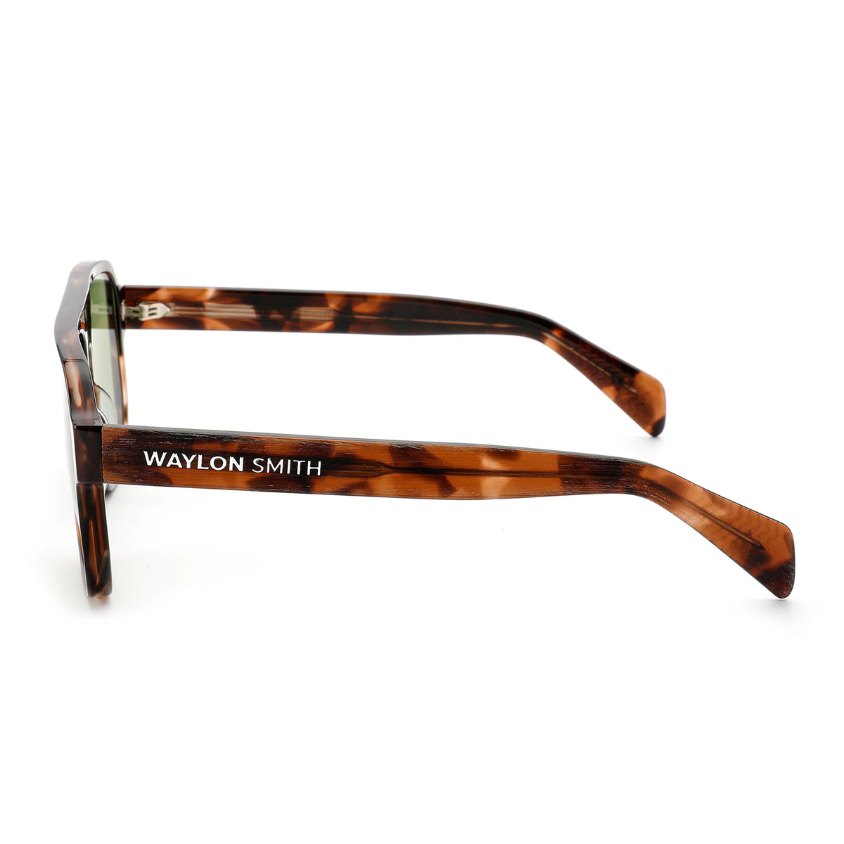 Side view close-up of Waylon Smith sunglasses in tortoiseshell on a white background, showing the Waylon Smith wordmark on the temple