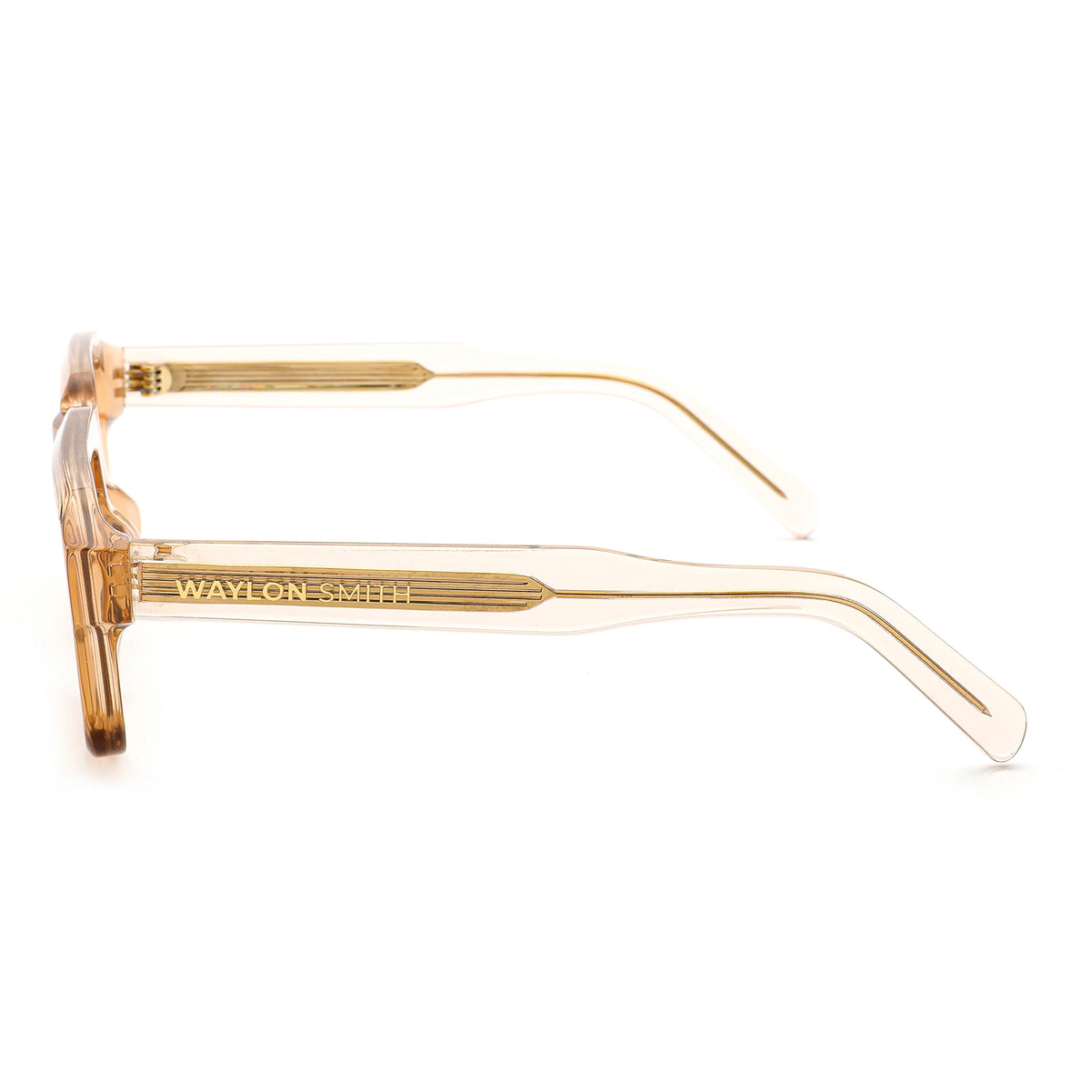 Side view of Waylon Smith Syndicate sunglasses in Translucent Amber on a white background, showing the Waylon Smith wordmark on the temple