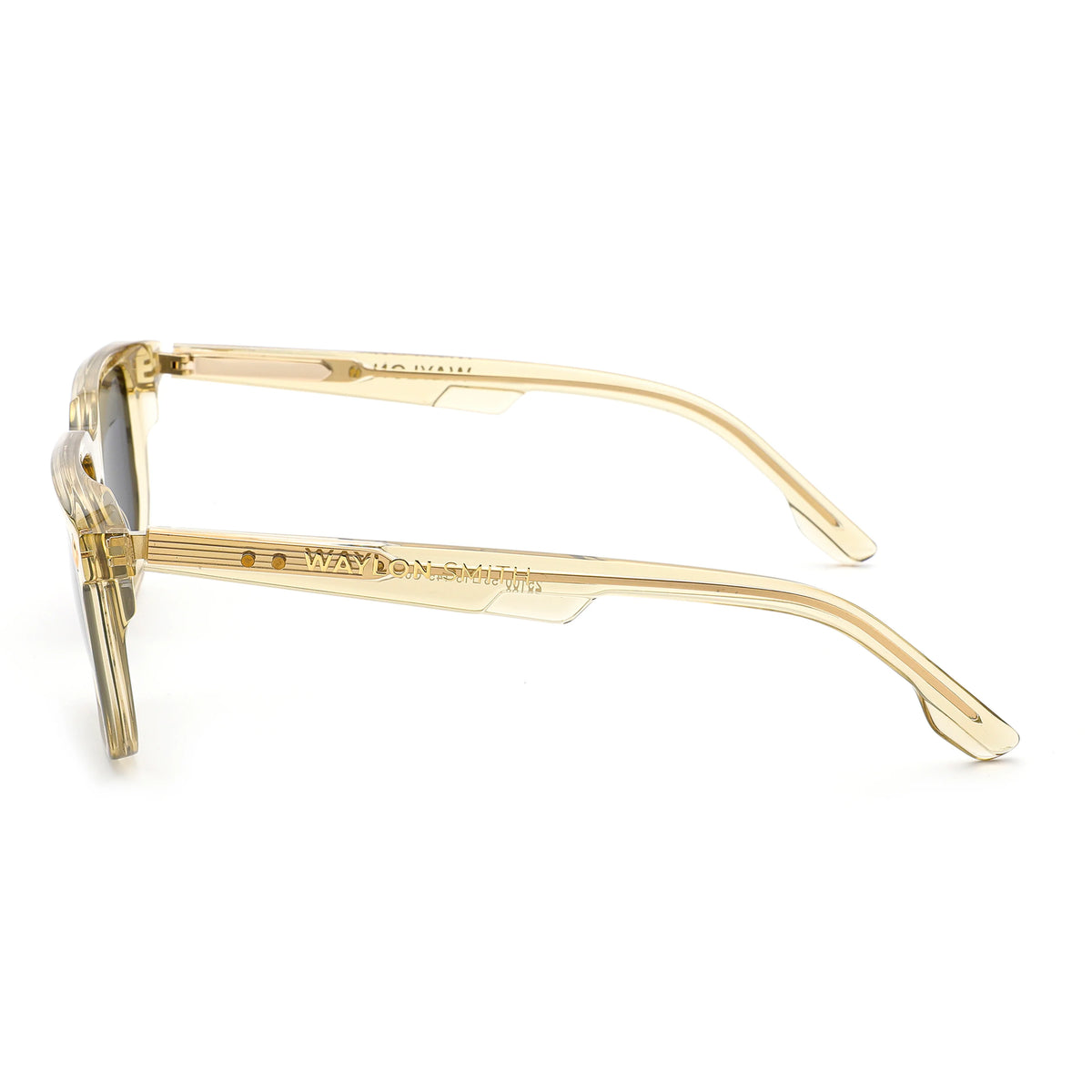 Side view close-up of Waylon Smith The Vinewood sunglasses in Champagne Gold, showing the Waylon Smith engraving on the temple