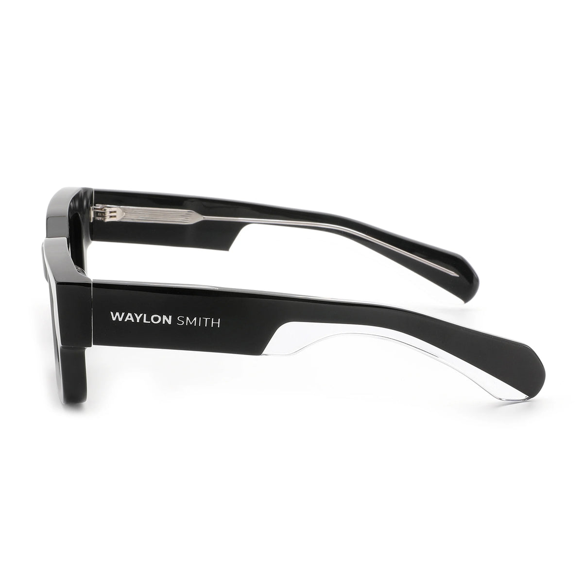 Side view of black Waylon Smith sunglasses on a white background, showing the Waylon Smith logo on the temple