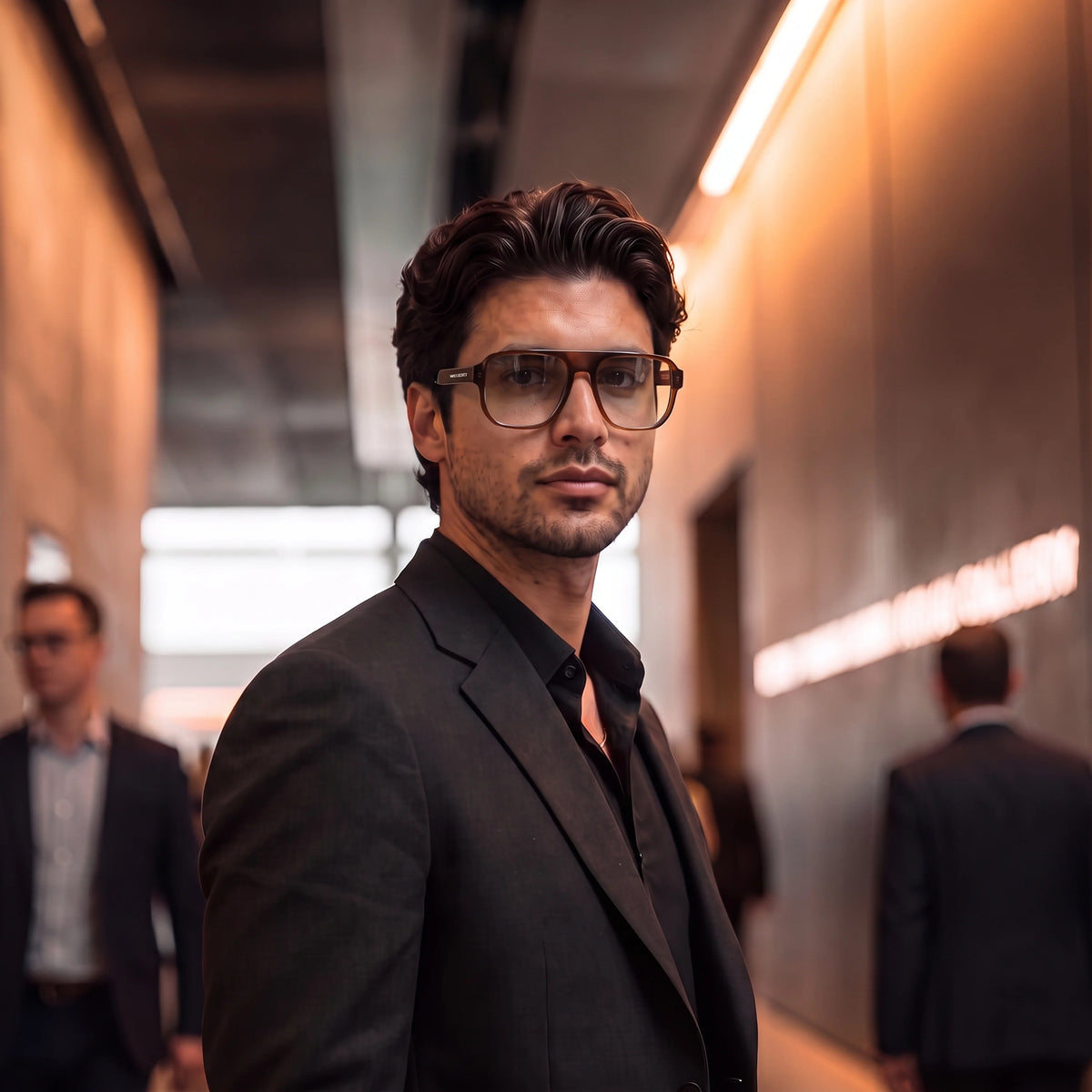 Man in a dark suit wearing tortoiseshell Waylon Smith sunglasses in a dimly lit corridor with warm lighting