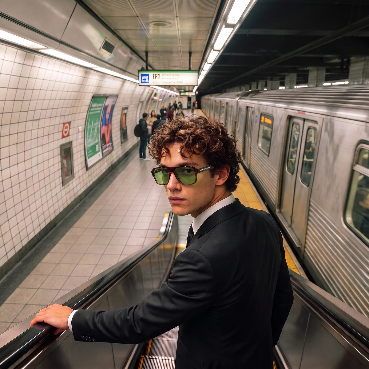 Man in a suit wearing tortoiseshell Waylon Smith sunglasses with green lenses on a London Underground escalator