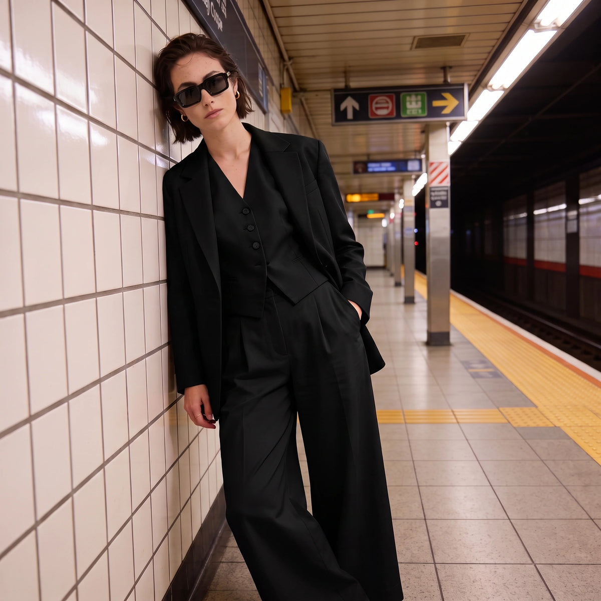Woman in a black suit wearing black Waylon Smith sunglasses on a subway platform