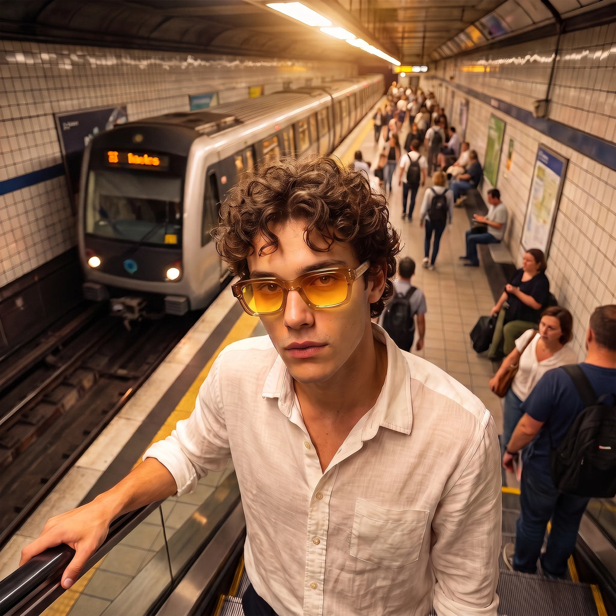 Man wearing Waylon Smith Syndicate sunglasses with amber lenses on a subway escalator