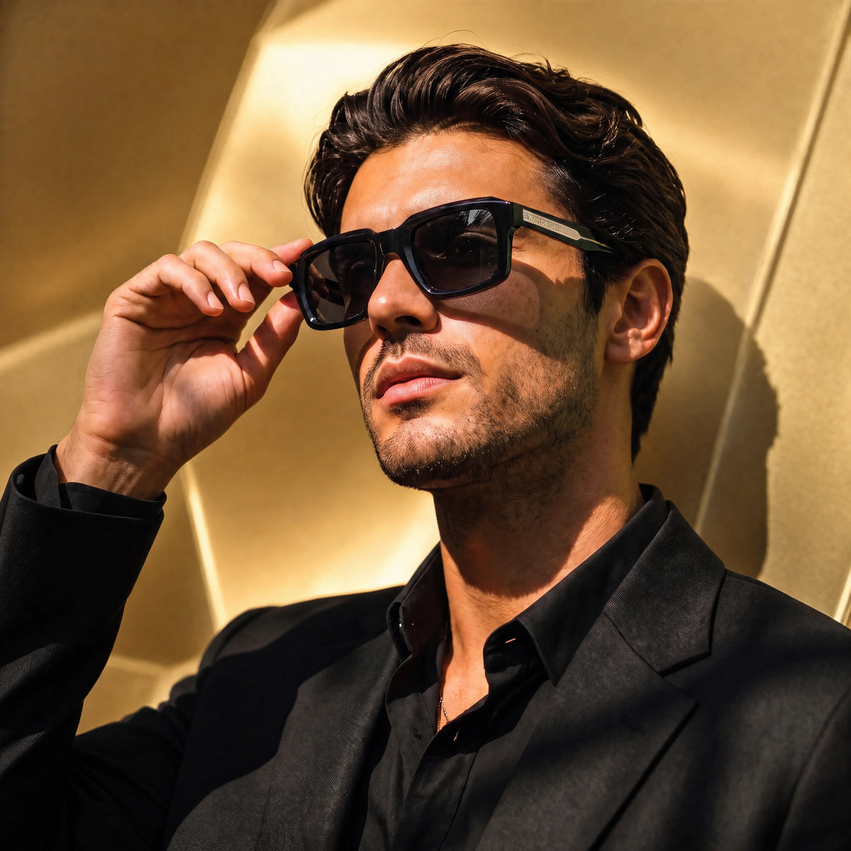 Man in a black suit adjusting black Waylon Smith sunglasses against a gold geometric backdrop
