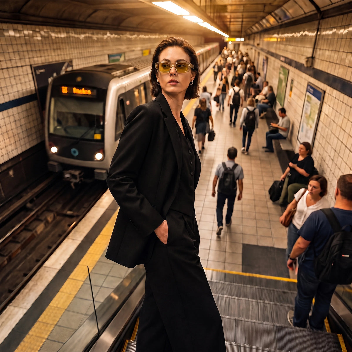 Woman in a black suit wearing Waylon Smith Syndicate sunglasses with amber lenses on a subway platform