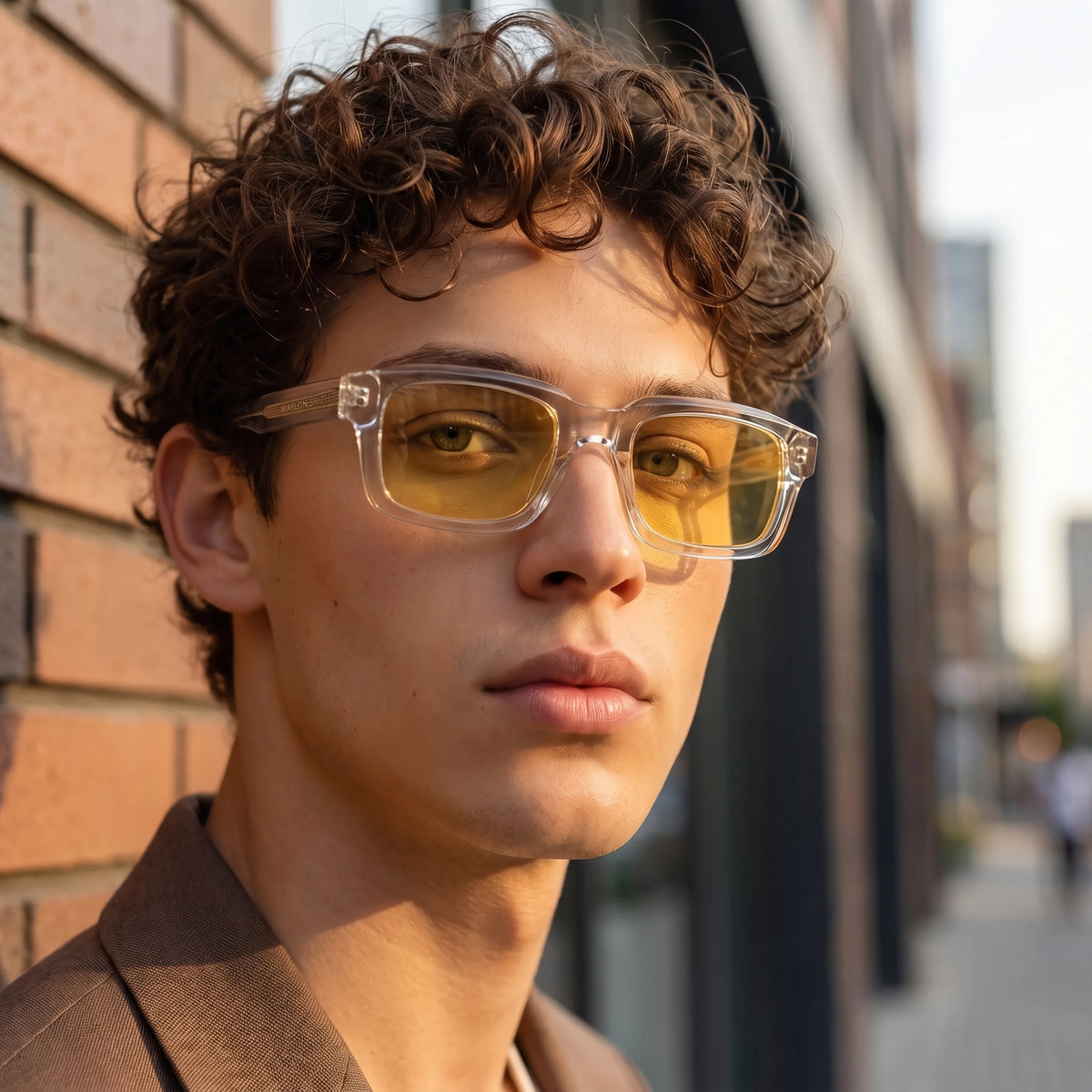 Close-up portrait of a man wearing transparent Waylon Smith Syndicate sunglasses with amber-tinted lenses on a city street