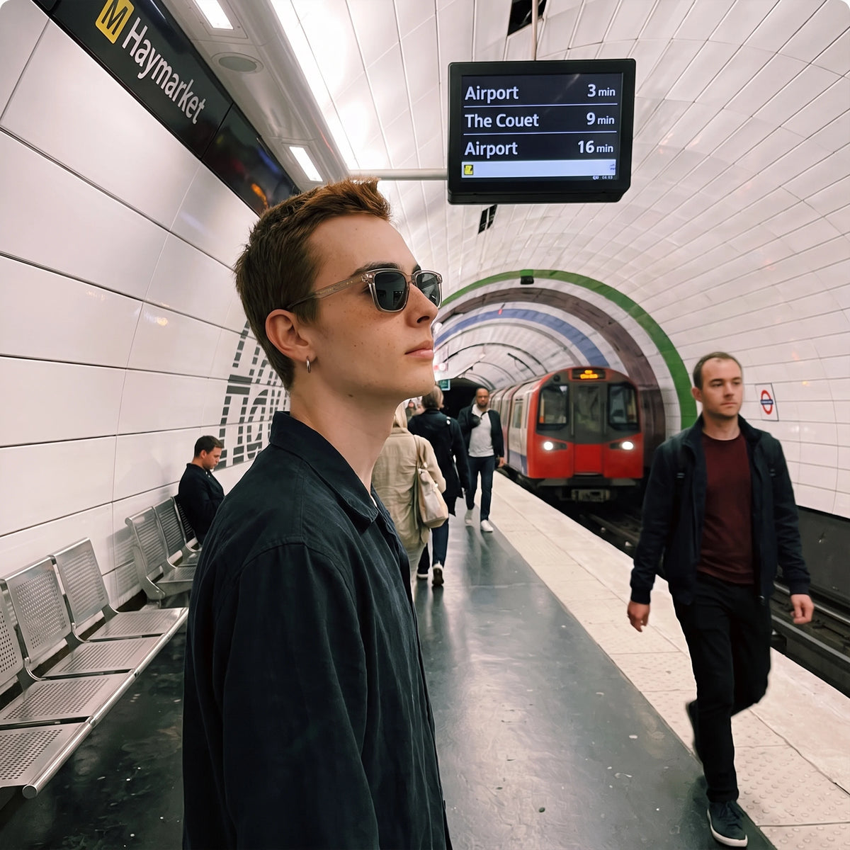 Man wearing black Waylon Smith sunglasses on a London Underground platform