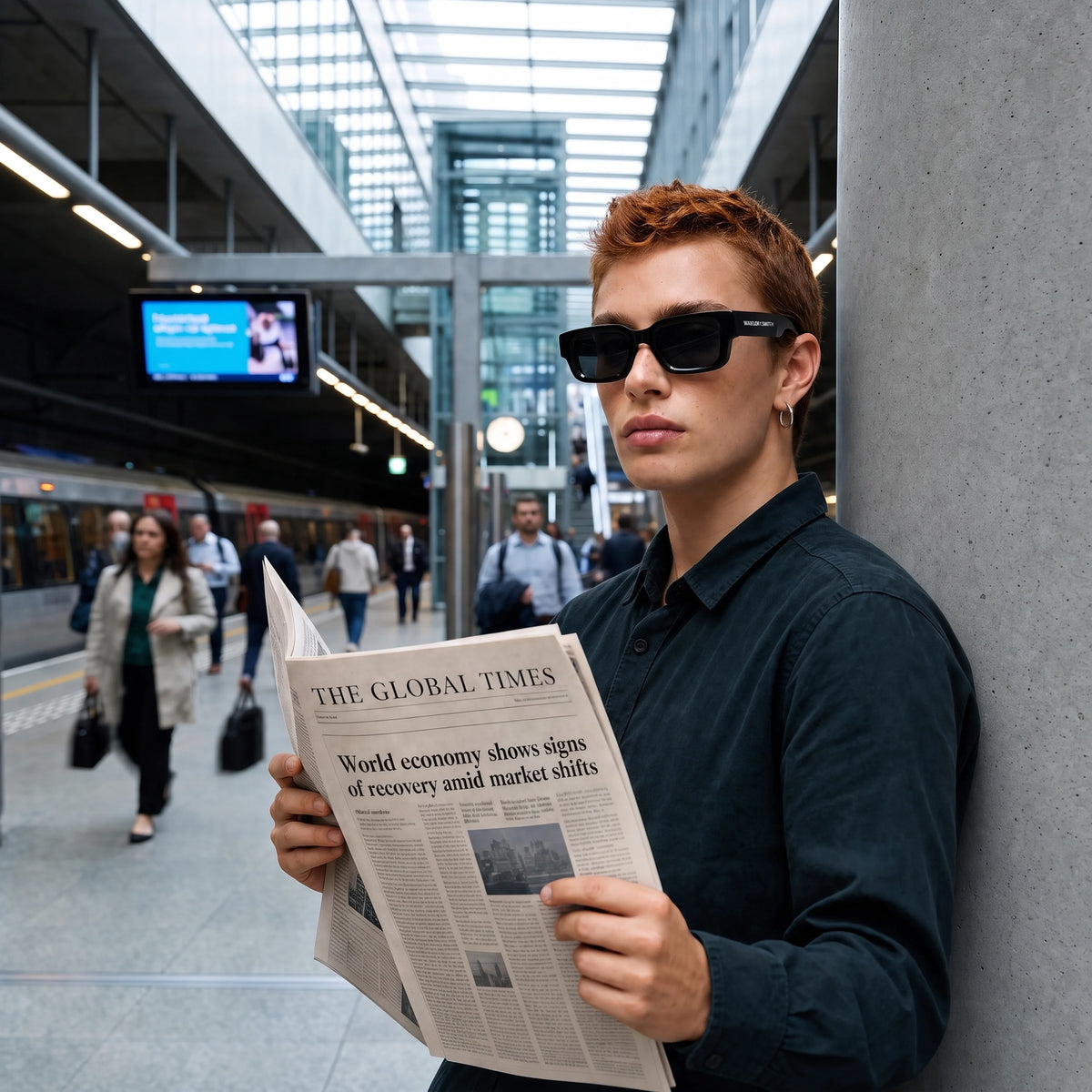 Man wearing black Waylon Smith sunglasses reading a newspaper at a train station