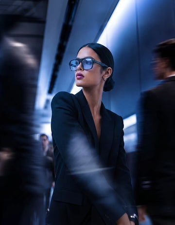 Woman in a black blazer wearing round Waylon Smith Midnight Havana sunglasses in a moody blue-lit urban scene
