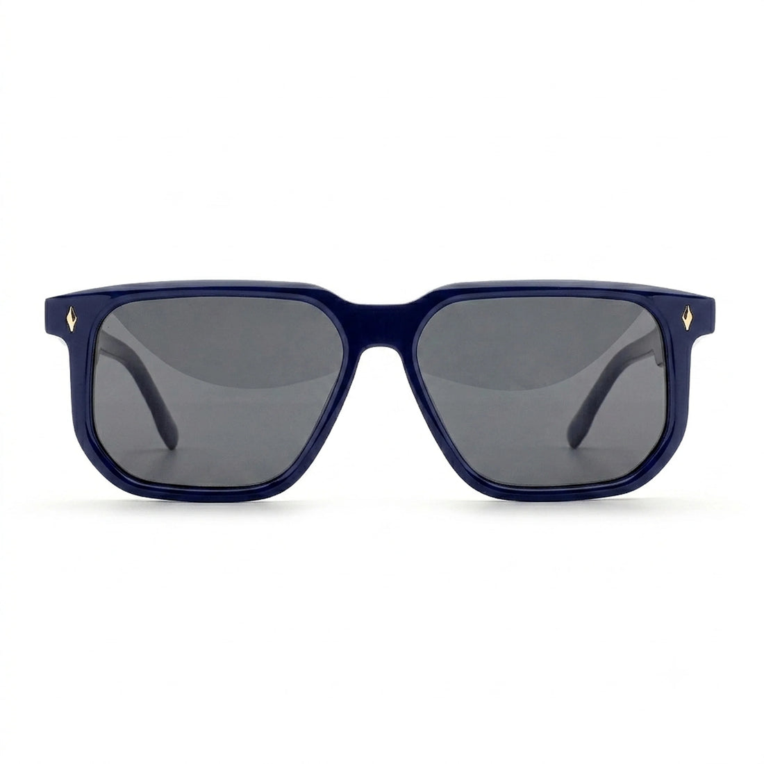 Three-quarter angle view of Waylon Smith Vinewood sunglasses in blue with gold accents on a white background