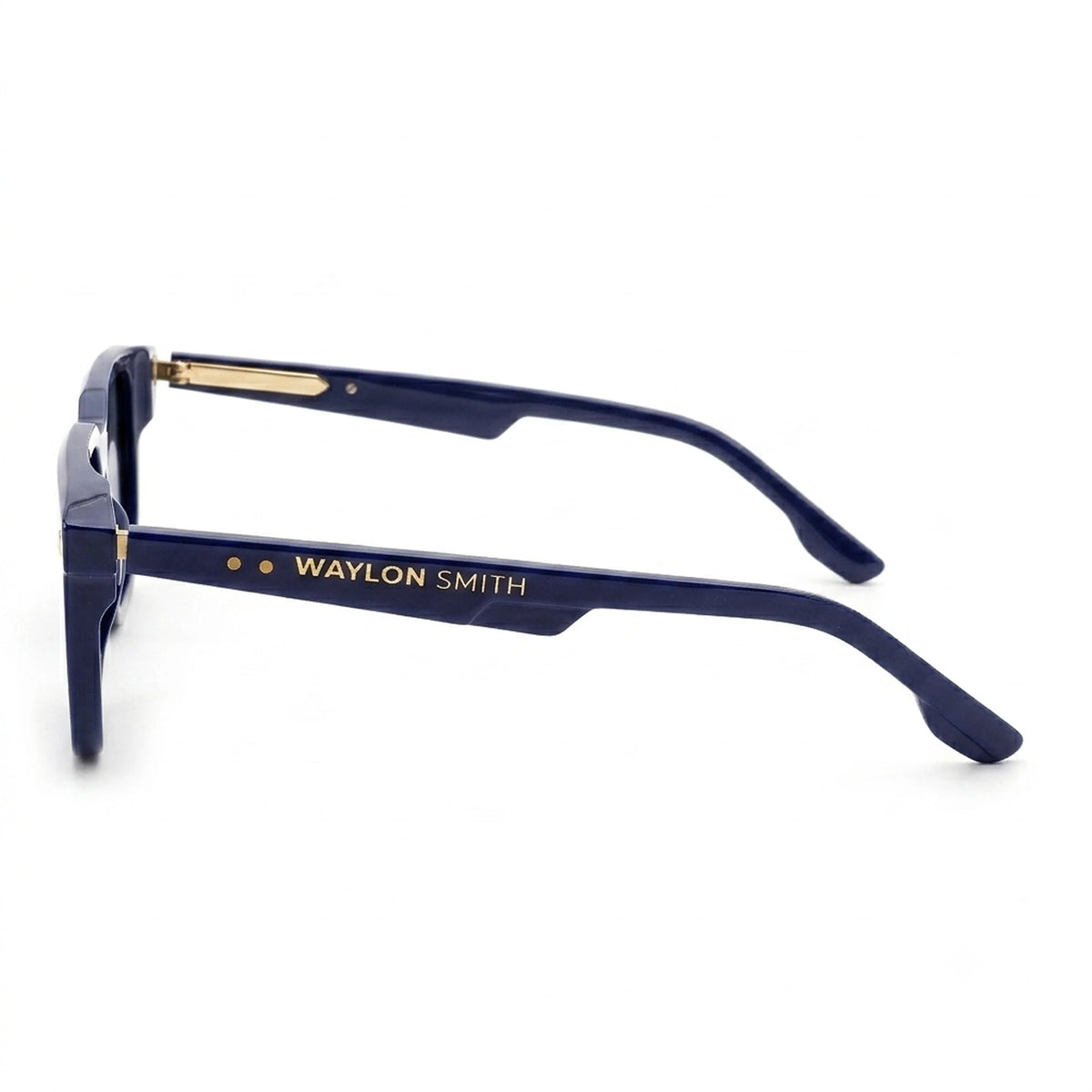 Side view of Waylon Smith Vinewood sunglasses in blue on a white background, showing the Waylon Smith logo on the temple