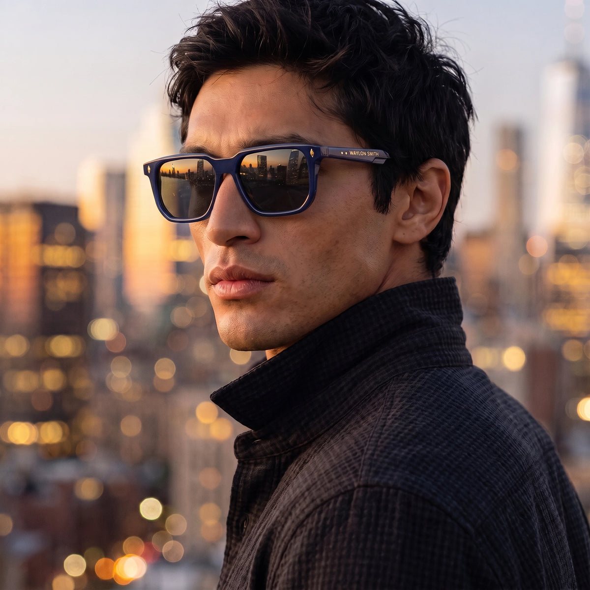 Man wearing Waylon Smith Vinewood sunglasses in blue with a city skyline at dusk