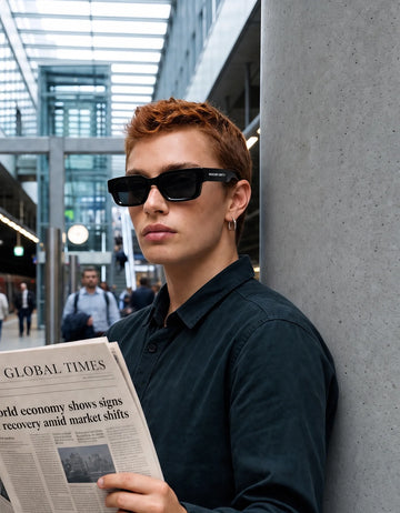 Man with red hair holding a newspaper wearing black Waylon Smith sunglasses in an urban train station